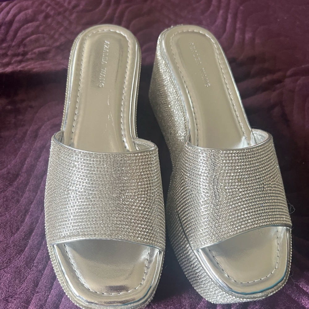 Azalea Wang Arrow Silver Studded Wedge Sandals